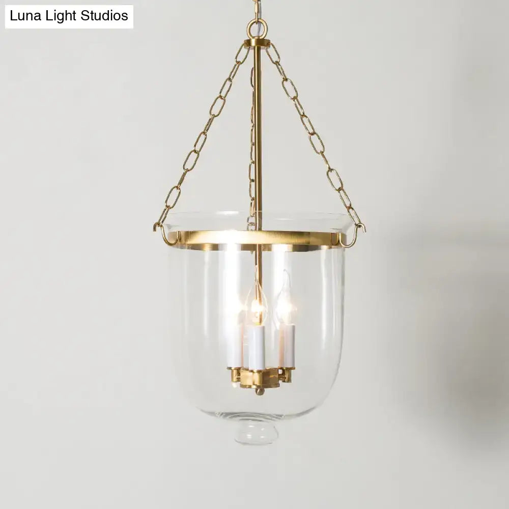 DecorBites vintage 3-light inverted cloche pendant chandelier with brass finish clear glass and adjustable chain cord length