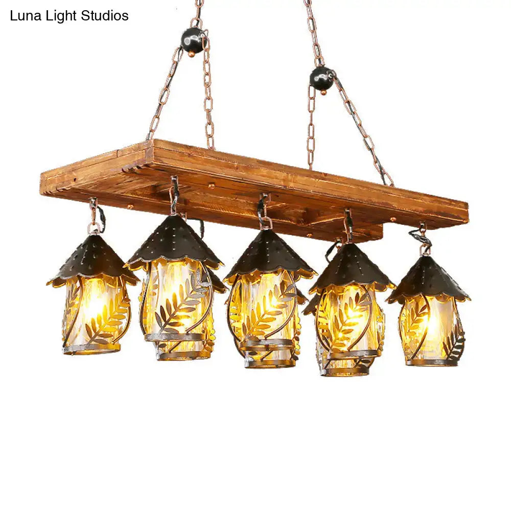 Rustic decorbites™ vintage 8-light island pendant chandelier in black with amber glass lanterns and rectangle white fabric panels