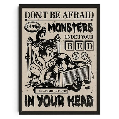 Black-framed DecorBites™ vintage abstract canvas print featuring cartoon monster and bold text for home decor