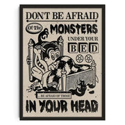 DecorBites™ vintage abstract canvas print featuring a black and white cartoon monster under bed with distressed typography