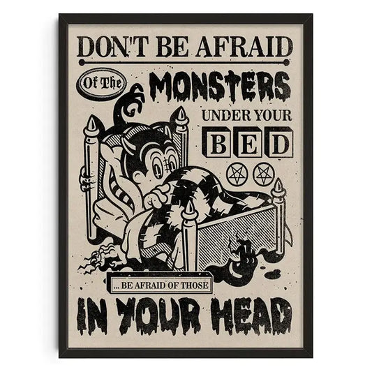 DecorBites™ vintage abstract canvas print featuring a black and white cartoon monster under bed with distressed typography