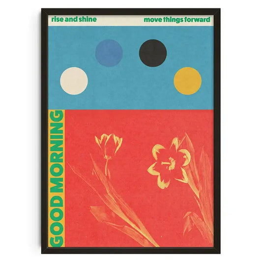 A framed DecorBites™ vintage abstract canvas print with bold blue red design and stylized yellow flowers