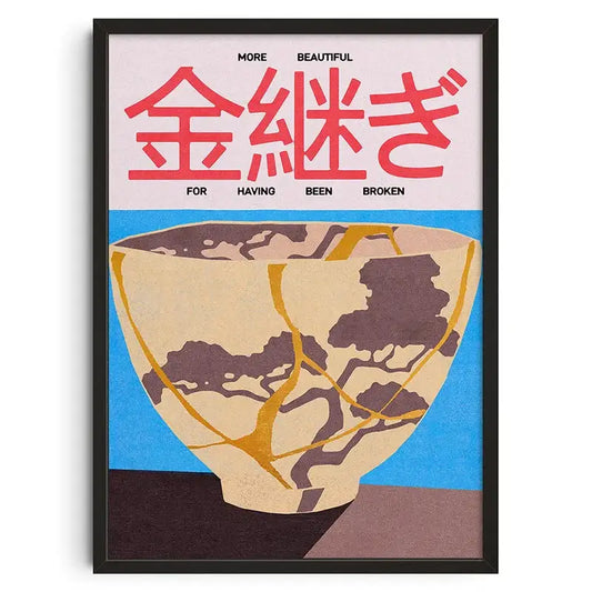 A framed DecorBites™ vintage abstract canvas print featuring a beige ceramic bowl with gold repair lines for home decor