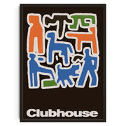 A framed DecorBites™ vintage abstract canvas print wall art featuring colorful stylized figures on dark background