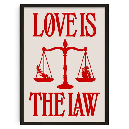 Red love is the law framed poster featuring a scale with feather and heart in decorbites vintage abstract canvas print wall art