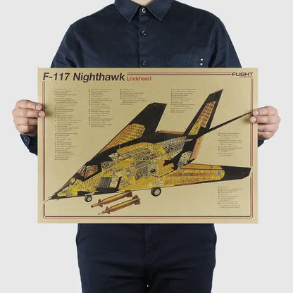 Beige DecorBites™ vintage aircraft design poster with detailed yellow and black f-117 nighthawk aircraft structural design diagram