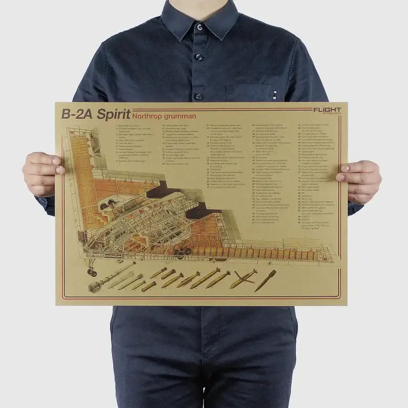 Beige vintage aircraft poster featuring detailed northrop grumman b-2a spirit aircraft structural design diagram