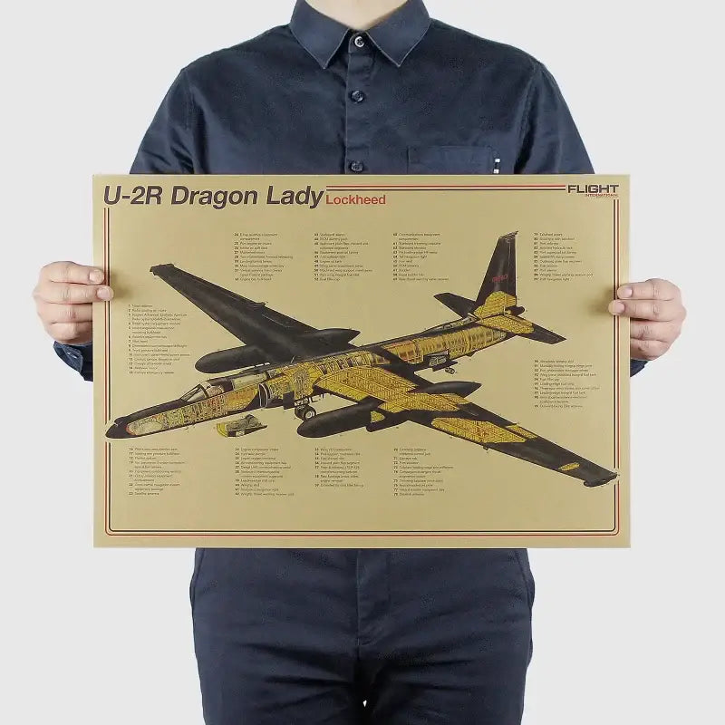 Beige decorbites™ vintage aircraft design poster featuring detailed black and gold u-2r dragon lady aircraft structural design diagram