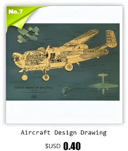 Decorbites vintage aircraft design poster features golden-yellow aircraft structural design on dark teal paper for wall decor