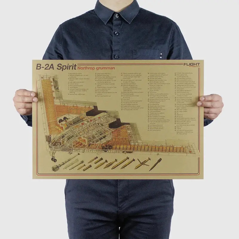 Vintage-style sepia-toned decorbites™ poster featuring northrop grumman b-2a spirit aircraft structural design diagrams