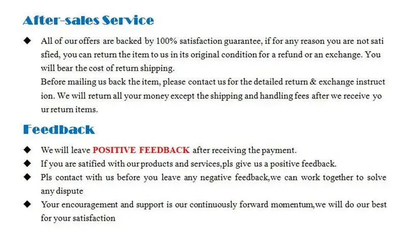 After-sales service and feedback policy document with blue headings for vintage ak74 pistol wall art poster decorbites