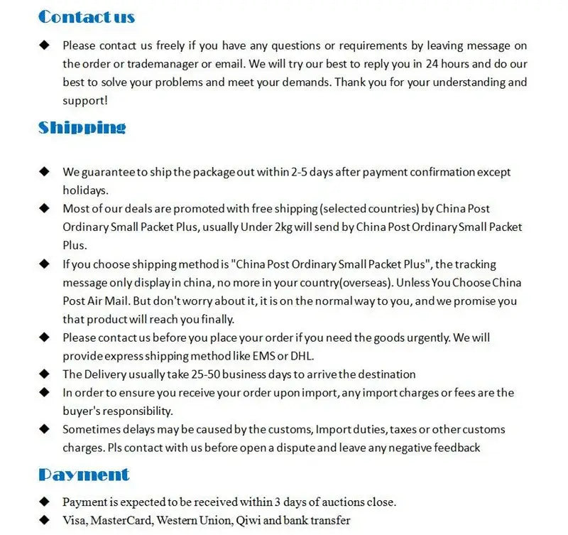Text-based customer service and shipping policy document with blue headings detailing payment and delivery for vintage ak74 pistol wall art