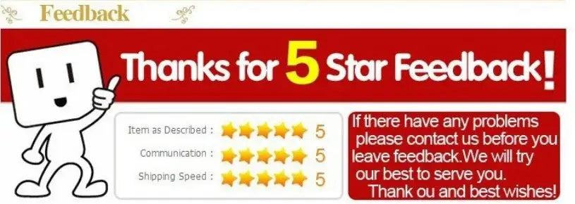 Red banner with white text thanks for 5 star feedback and cartoon thumbs-up in decorbites vintage ak74 pistol wall art poster