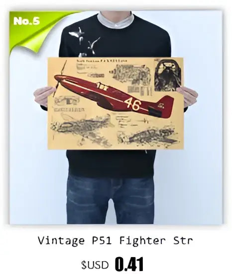 Vintage ak74 pistol wall art poster featuring a red p-51 mustang fighter plane with technical schematics on aged paper