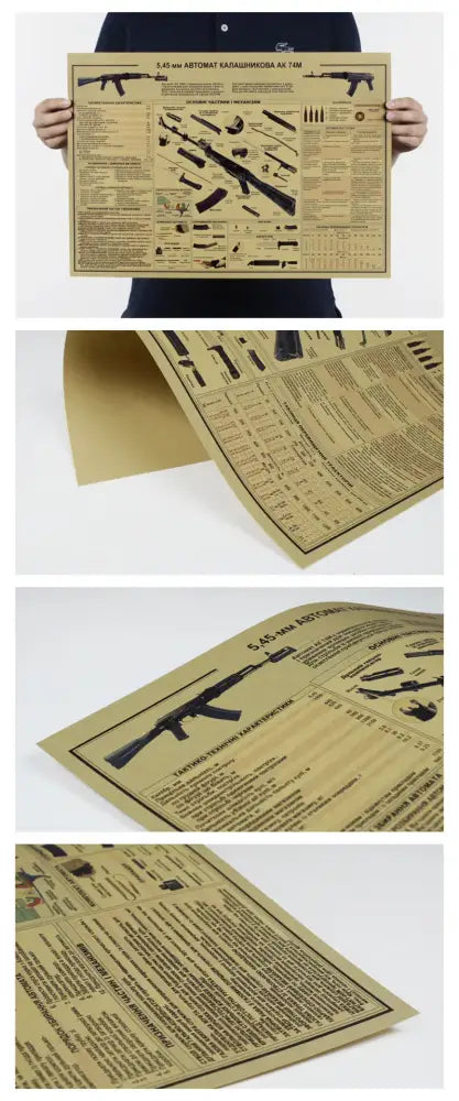 Vintage ak74 pistol wall art poster by decorbites featuring sepia-toned ak74 pistol diagrams and specifications design