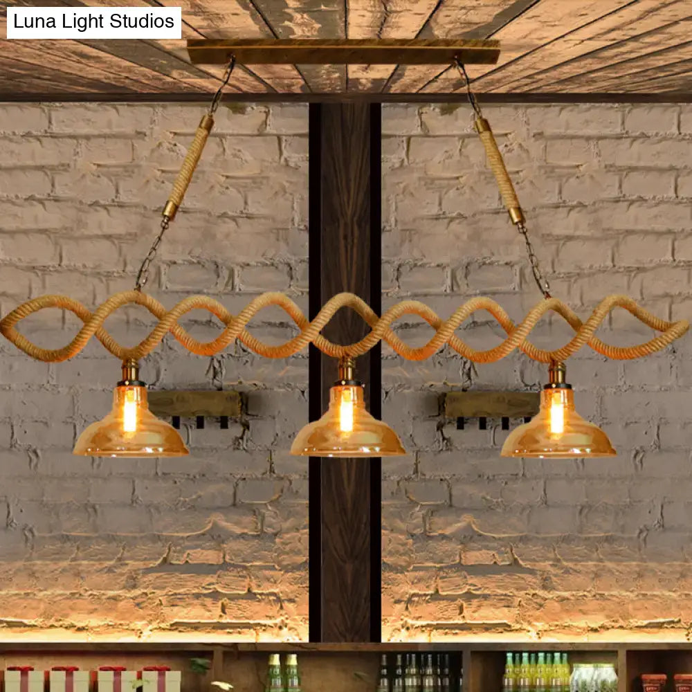 DecorBites™ vintage amber glass ceiling light with three shades, natural fiber rope, brass hardware, fixture width and height