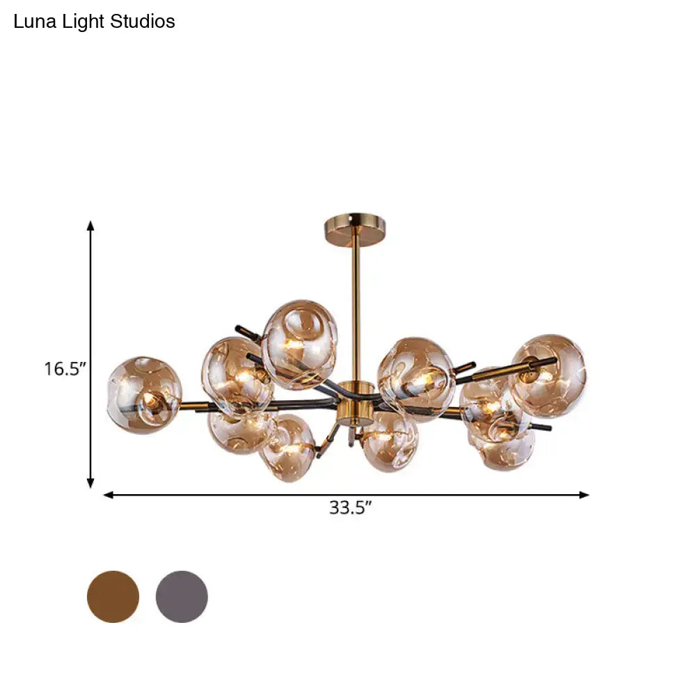 Decorbites vintage amber grey glass flush mount chandelier with brass finish and 10 lights for living room