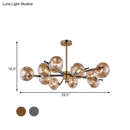 Decorbites vintage amber grey glass flush mount chandelier with brass finish and 10 lights for living room