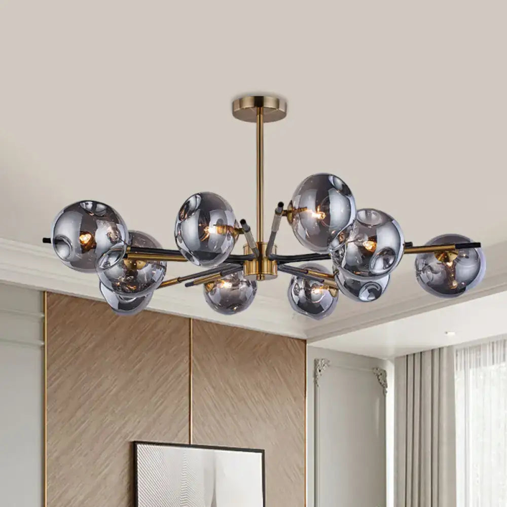 DecorBites™ flush mount chandelier with 10 amber grey smoked glass spheres and brass black arms for living room