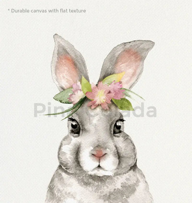 Watercolor painting of a gray bunny with pink and green floral crown on durable canvas vintage anatomy poster