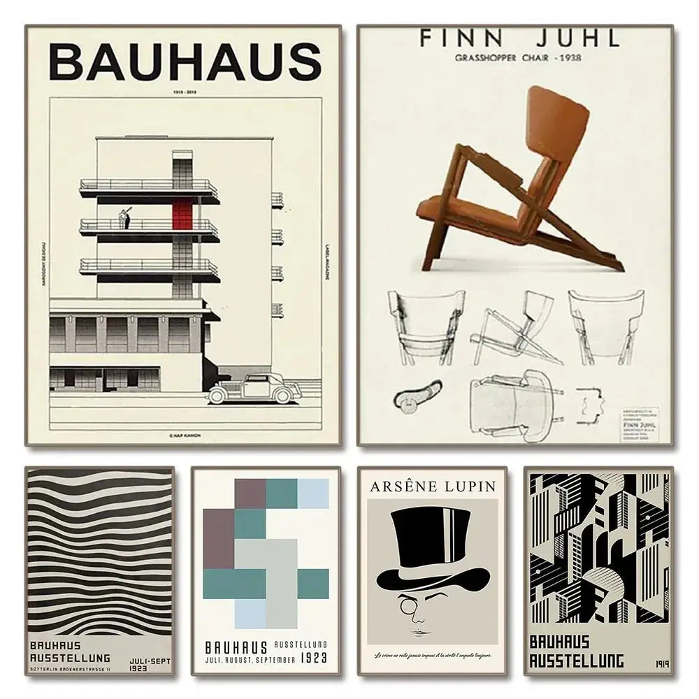 Decorbites™ vintage black and white bauhaus canvas print featuring architectural illustrations for modernism exhibition canvas use
