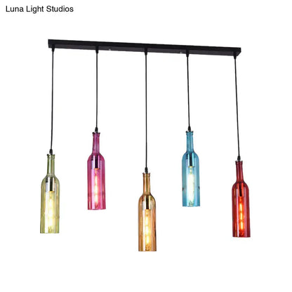 DecorBites vintage black bottle cluster pendant lamp with colorful glass shades in green pink gold blue and red hues 220v-240v 110v-120v