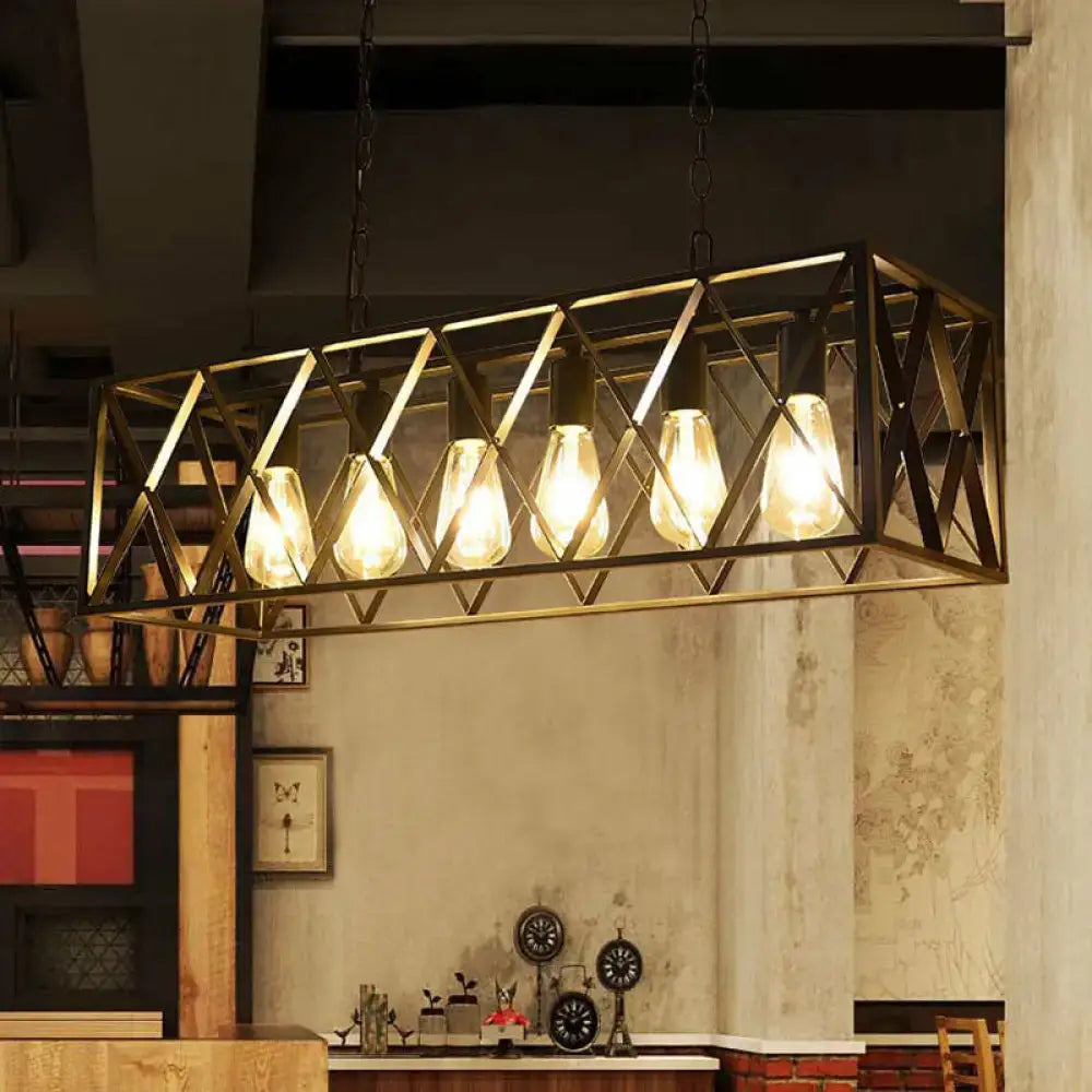 Industrial-style iron island pendant with brass finish and five exposed edison bulbs for dining room ceiling lighting