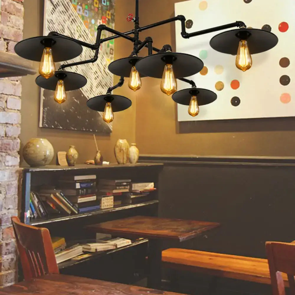 DecorBites vintage black island pendant lamp with seven exposed filament bulbs metal pipe design for living room lighting