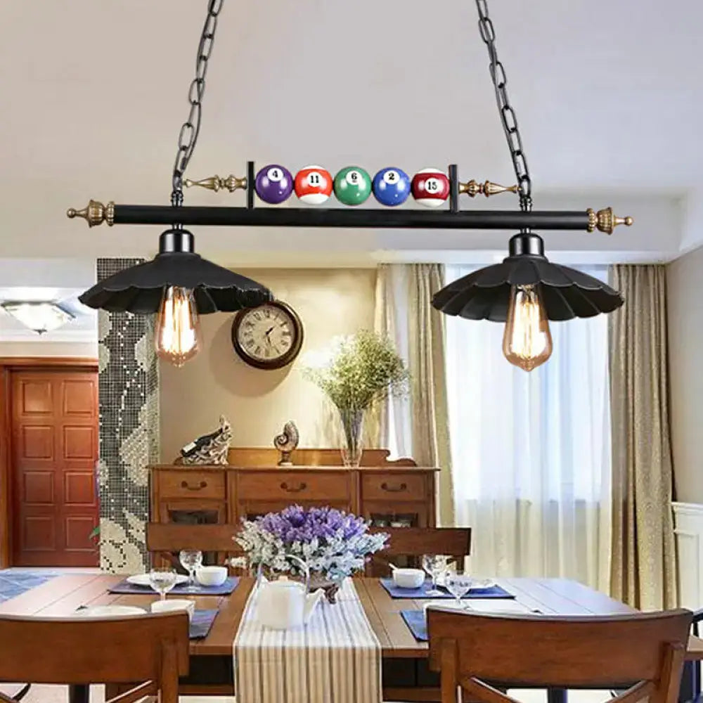 DecorBites vintage black metal pool table light with scalloped design, exposed bulbs, and colorful billiard ball decoration