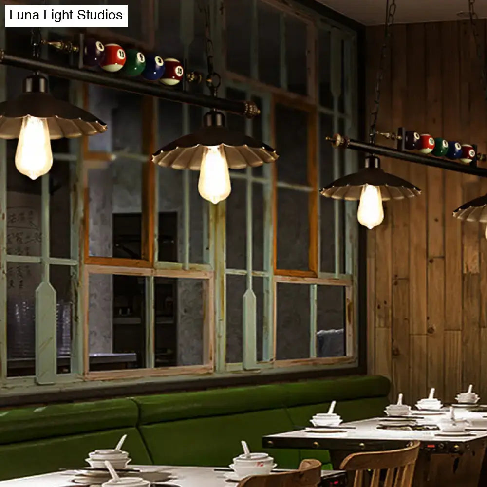 Decorbites™ vintage black industrial pool table light with scalloped metal shades and colorful billiard ball decoration