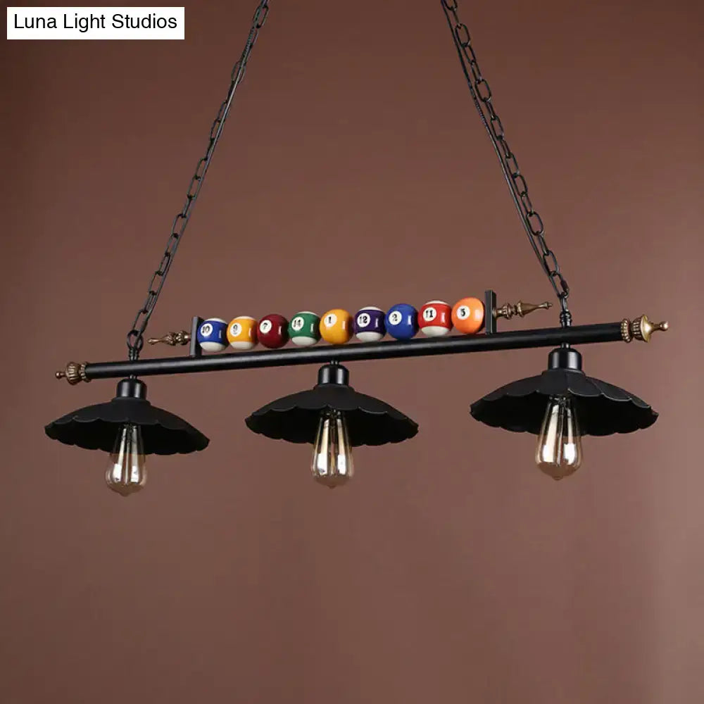 DecorBites™ vintage black wrought iron pool table light with scalloped design 3 exposed bulbs and billiard ball decoration