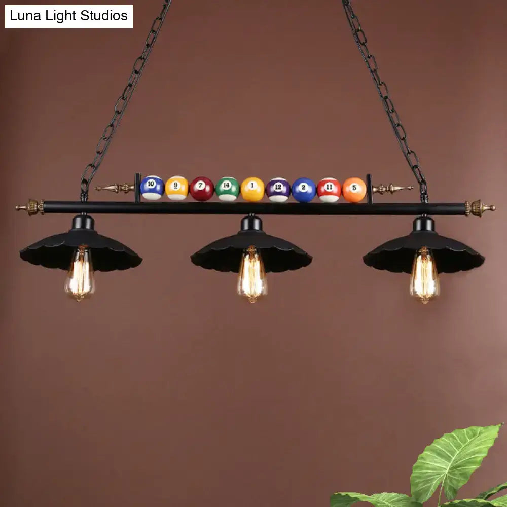 DecorBites™ vintage black wrought iron pool table light with scalloped design and colorful billiard ball decoration