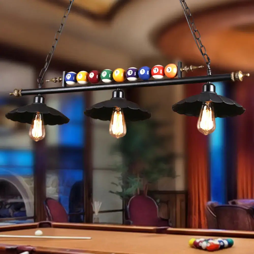 DecorBites vintage black industrial pool table light with scalloped design, Edison bulbs, and colorful billiard ball decoration