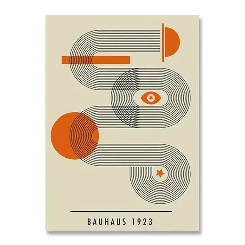 Beige canvas print featuring vintage black and white modernism exhibition design with orange and black geometric shapes