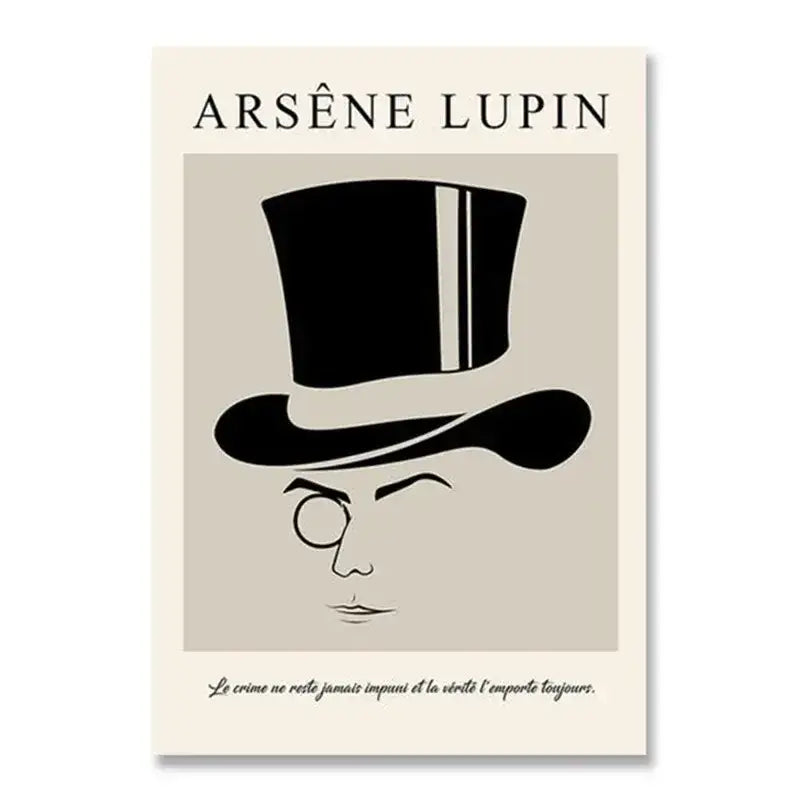 Beige canvas print featuring a vintage black stylized silhouette of arsène lupin for white modernism exhibition decor