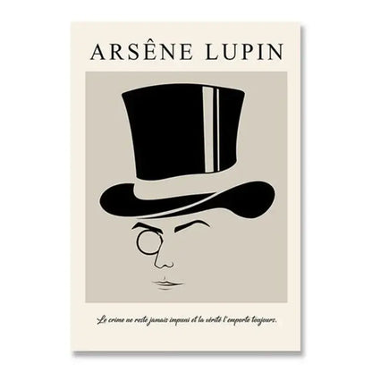 Beige canvas print featuring a vintage black stylized silhouette of arsène lupin for white modernism exhibition decor