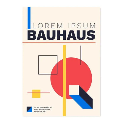 Beige canvas print with bold black bauhaus text and vibrant geometric shapes for vintage black and white modernism exhibition decor
