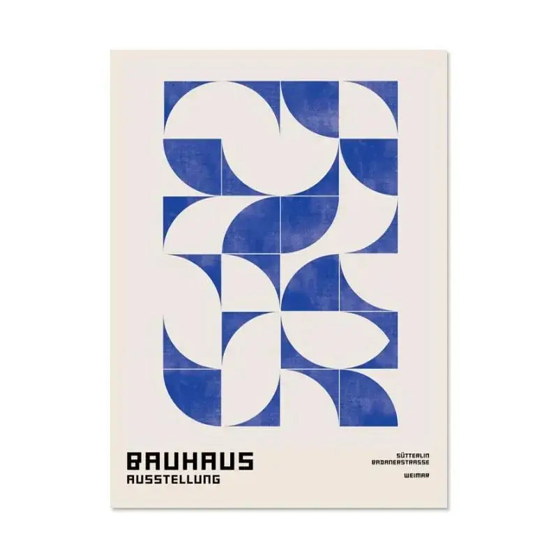 Blue and white geometric abstract canvas print featuring vintage black and white modernism exhibition poster decorbites