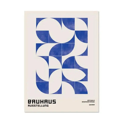 Blue and white geometric abstract canvas print featuring vintage black and white modernism exhibition poster decorbites