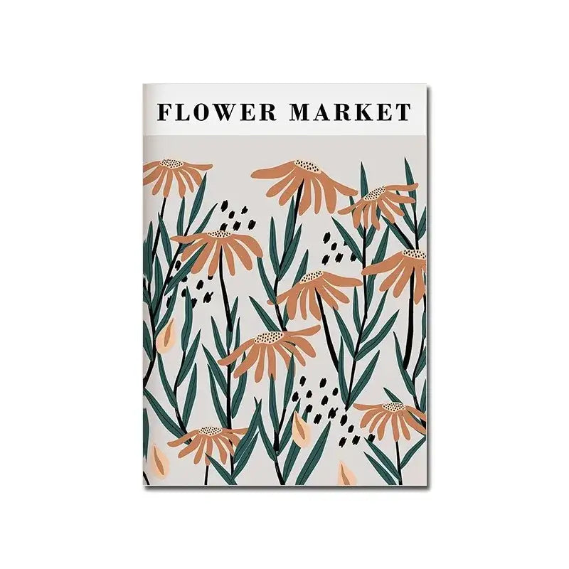 A floral-patterned notebook with orange daisies titled flower market paired with decorbites™ vintage black and white modernism exhibition canvas print