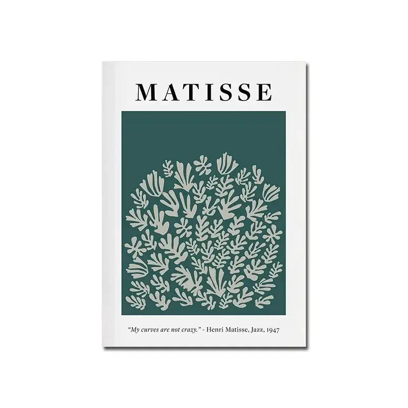 White-framed canvas print featuring matisse cut-out design in light gray on deep teal for vintage black and white modernism exhibition