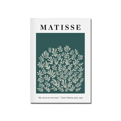 White-framed canvas print featuring matisse cut-out design in light gray on deep teal for vintage black and white modernism exhibition