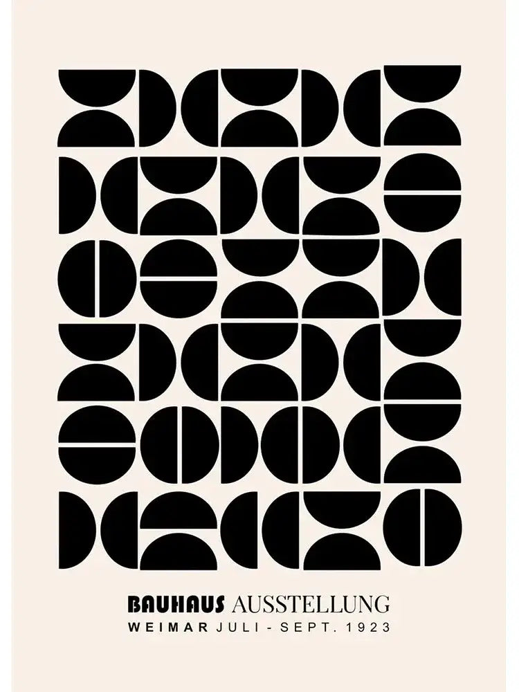 Decorbites™ vintage black canvas print featuring black geometric half and full circles on beige background for modernism exhibition