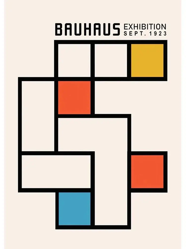 DecorBites™ vintage black and white canvas print featuring bold geometric lines and colorful squares for modernism exhibition
