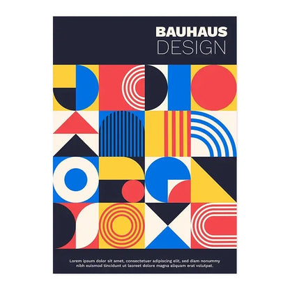 Decorbites™ vintage black and white bauhaus canvas print featuring vibrant geometric red blue yellow and black shapes