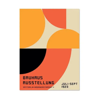 Decorbites vintage black and white canvas print with bold orange red bauhaus shapes for modernism exhibition display