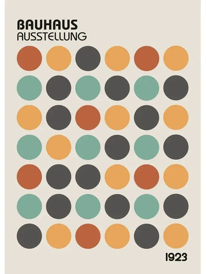 Minimalist bauhaus canvas print from decorbites featuring earthy-toned circles on a muted beige vintage black and white modernism exhibition design