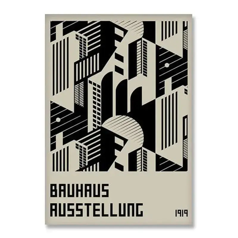Minimalist decorbites™ vintage black and beige bauhaus canvas print featuring geometric building silhouettes and bold typography for white modernism exhibition