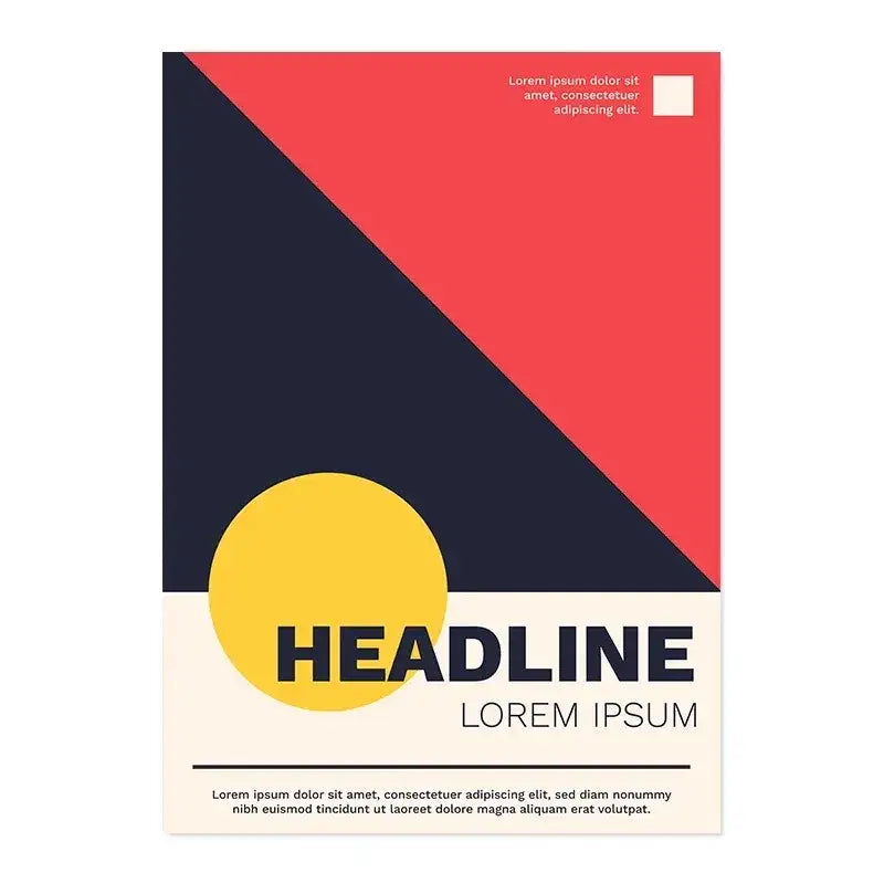 Minimalist canvas print with bold red navy blue and cream geometric design featuring a central yellow circle for vintage black and white modernism exhibition decor