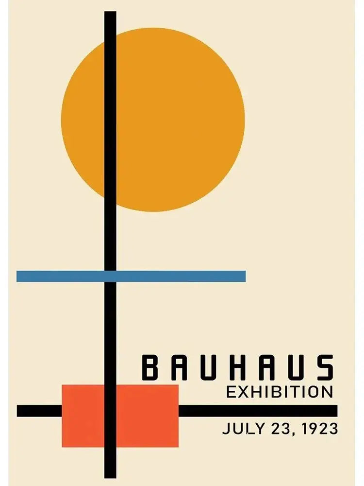 Minimalist bauhaus canvas print with bold orange blue and red shapes on cream background for vintage black white modernism exhibition decor